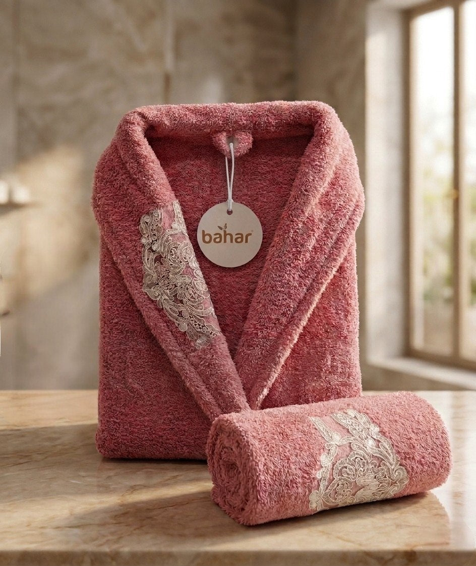 Dark rose Bahar Classic microfiber bathrobe with embroidered trim and matching towel