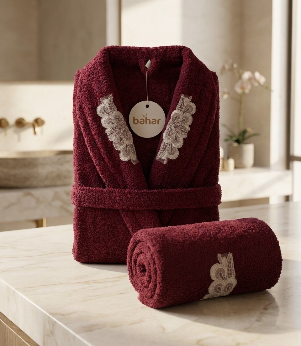 Burgundy Bahar Classic microfiber bathrobe with lace trim and matching towel
