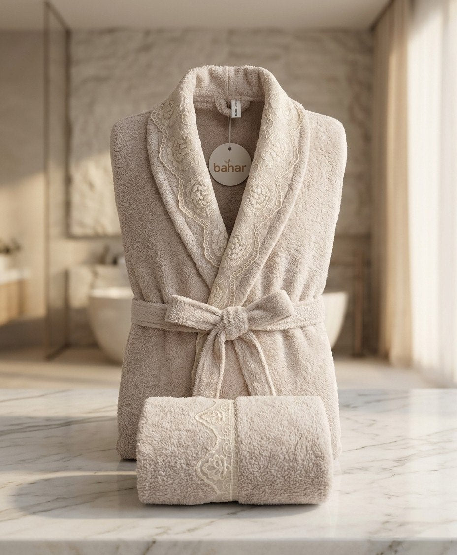 Silver Bahar Classic microfiber bathrobe with lace trim and matching towel