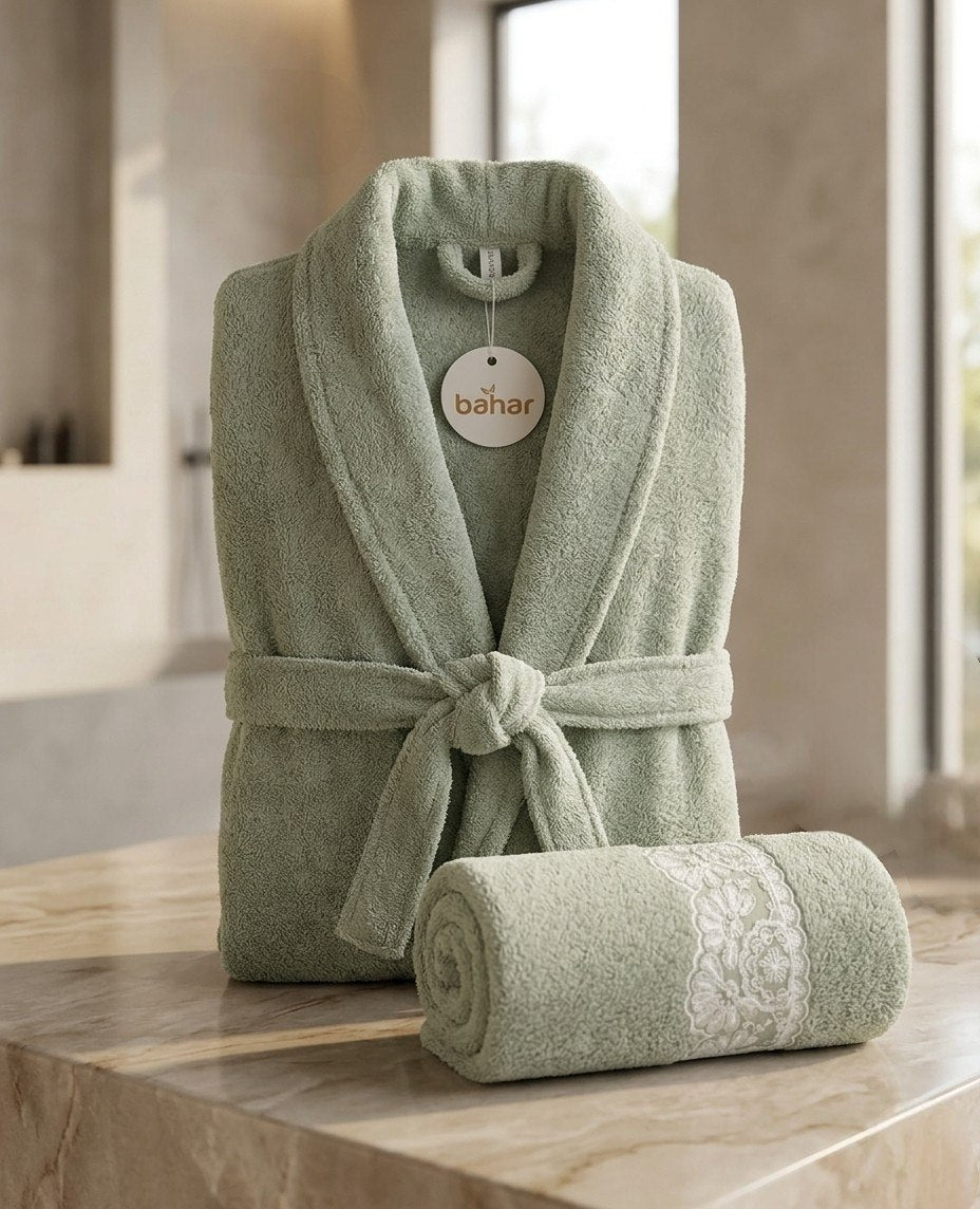 Mint green Bahar Classic microfiber bathrobe with matching towel