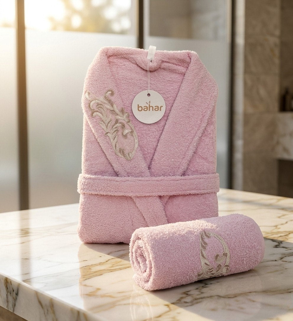 Pink Bahar Classic microfiber bathrobe with embroidered trim and matching towel