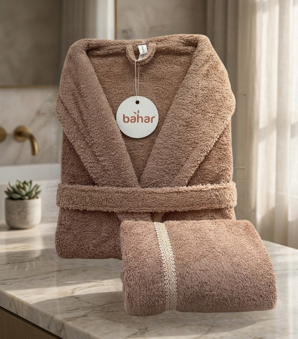 Beige Bahar Classic microfiber bathrobe with matching embroidered towel