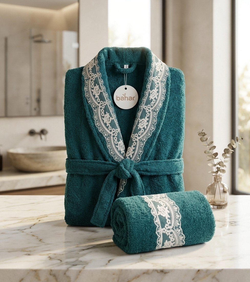 Turquoise Bahar Classic microfiber bathrobe with lace trim and matching towel