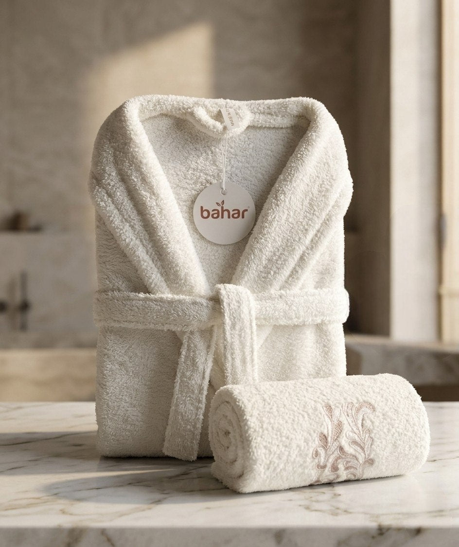 White Bahar Classic microfiber bathrobe with matching towel