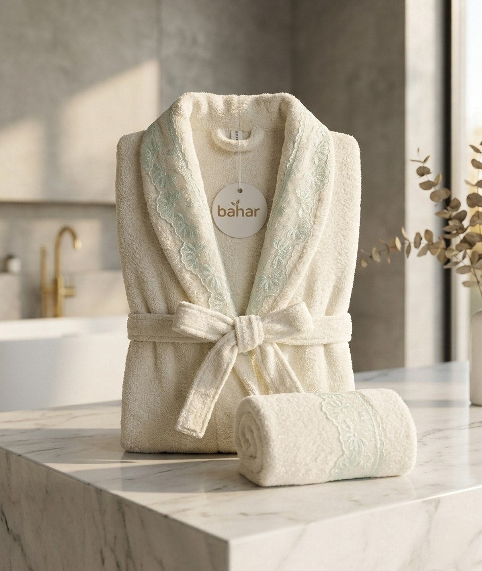 Off-white Bahar Classic microfiber bathrobe with matching towel