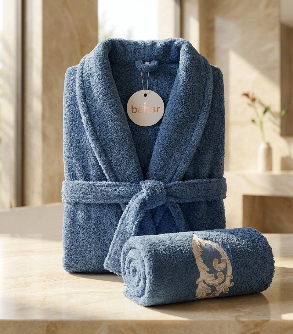 Blue Bahar Classic microfiber bathrobe with matching towel