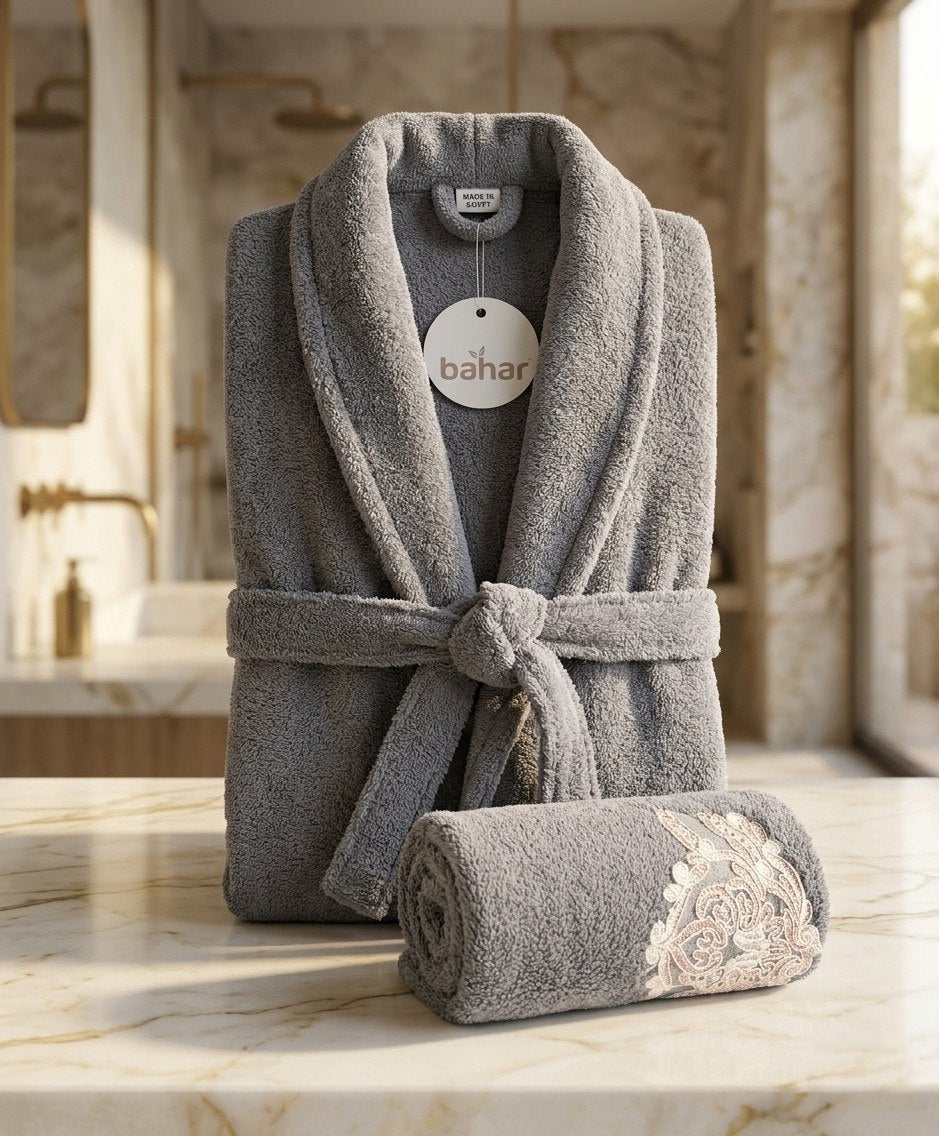 Gray Bahar Classic microfiber bathrobe with matching towel
