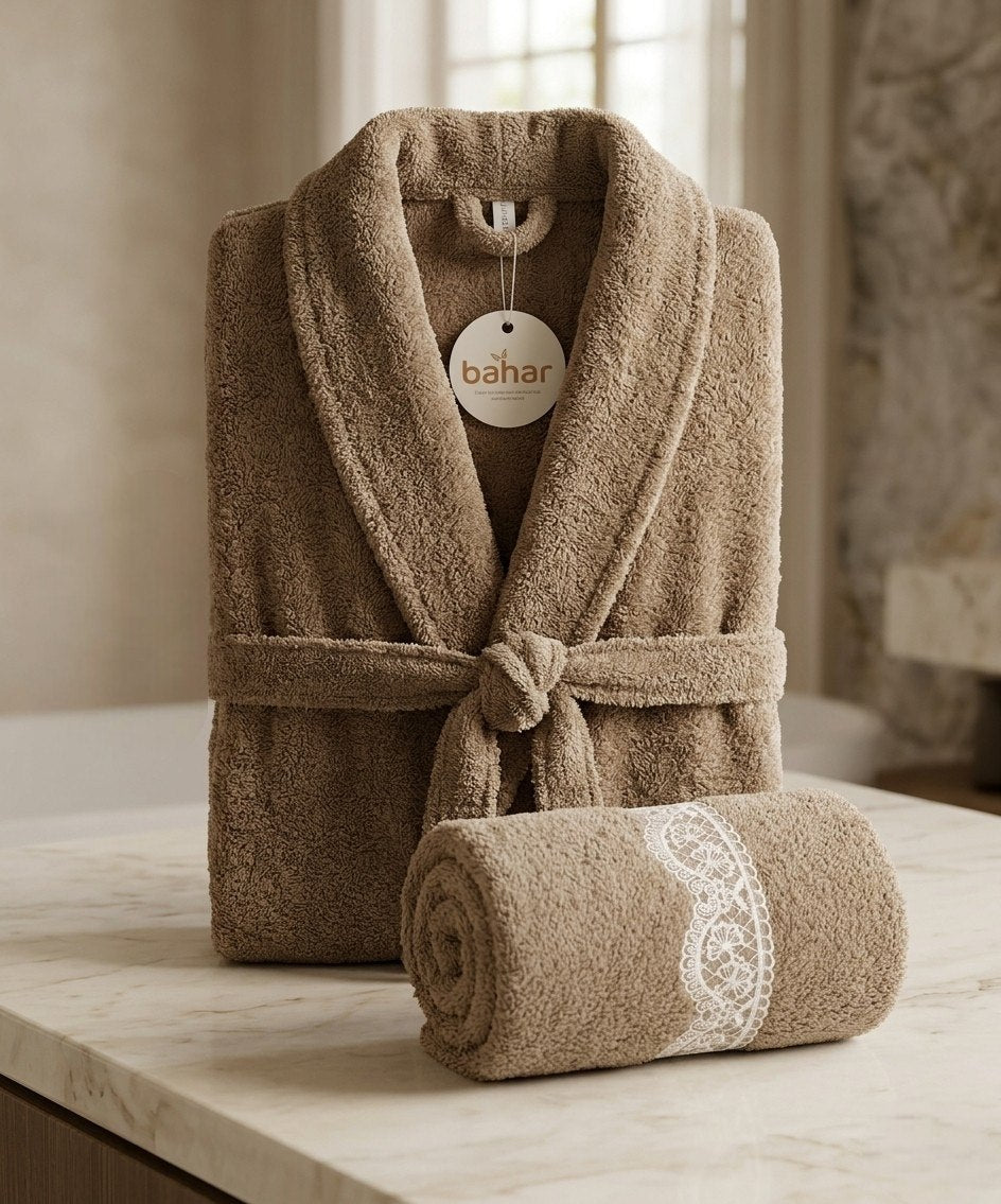 Coffee brown Bahar Classic microfiber bathrobe with matching towel