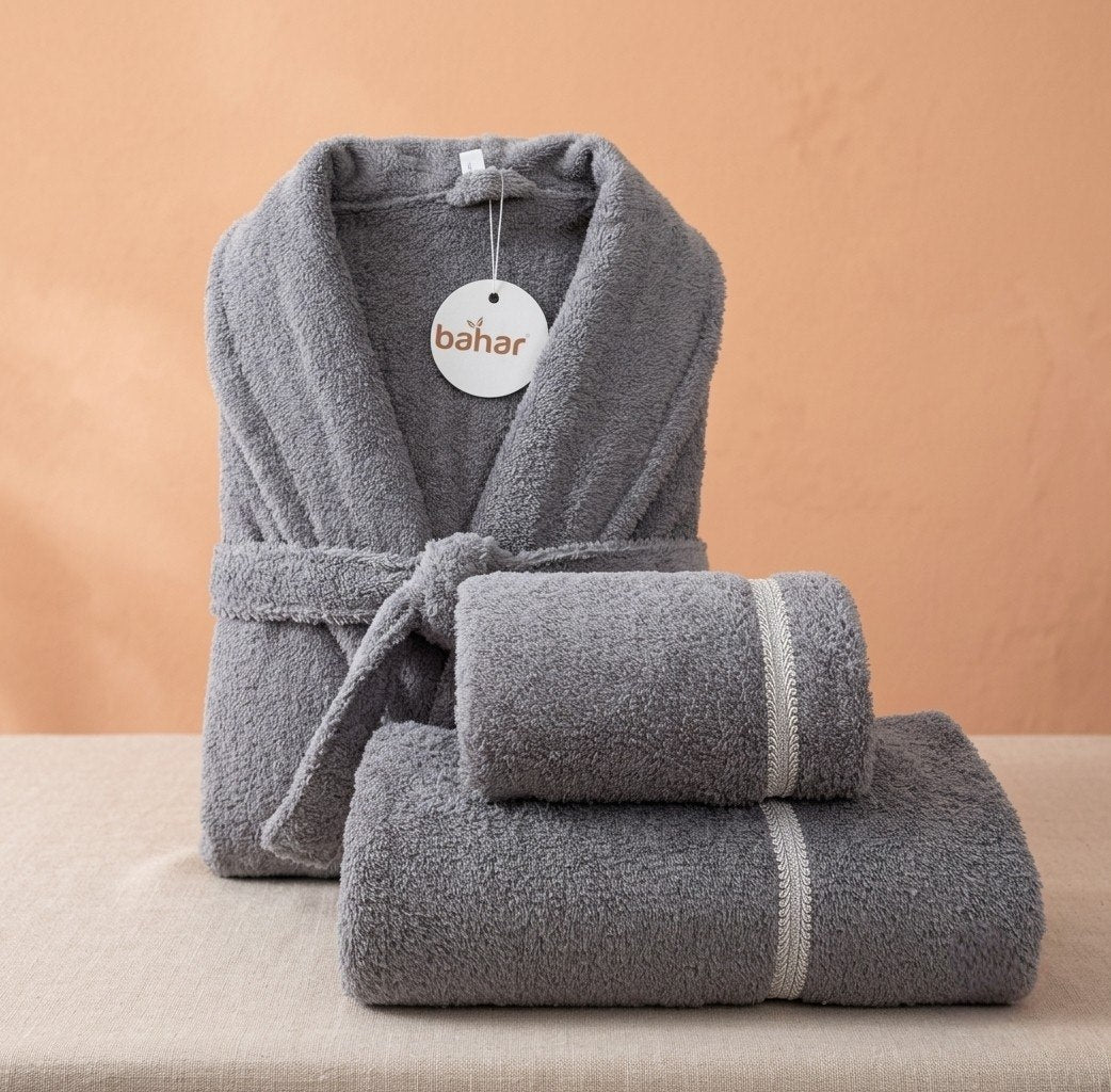 Gray Bahar Classic microfiber bathrobe set with two matching towels