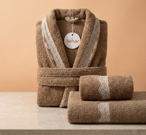 Coffee brown Bahar Classic microfiber bathrobe set with two matching towels